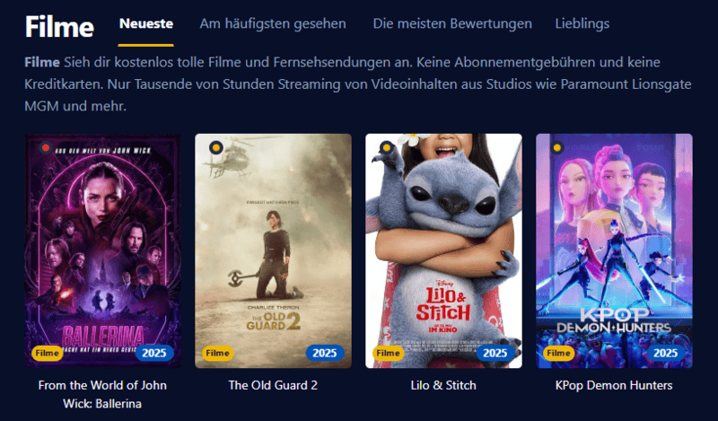 Darstellung der Oberfläche von Einschalten die eine moderne Streaming Seite mit Filmen und Serien zeigt